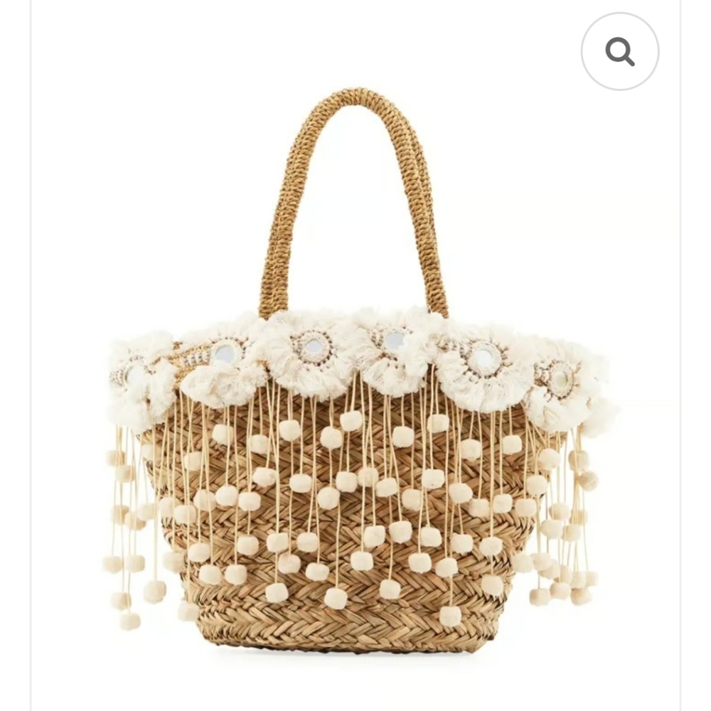 FLORA BELLA Kailua Straw Beach Tote Bag with Fringe & Pompom
